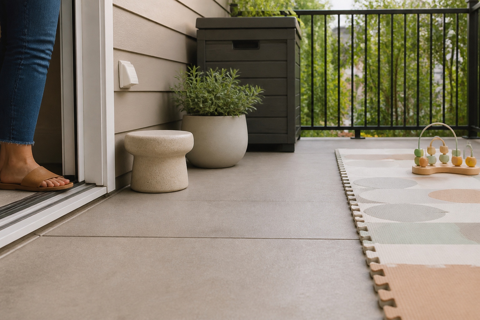 A toddler-level view of a patio with an open walking path, rounded stable furniture, secured storage, and a supervising adult nearby.
