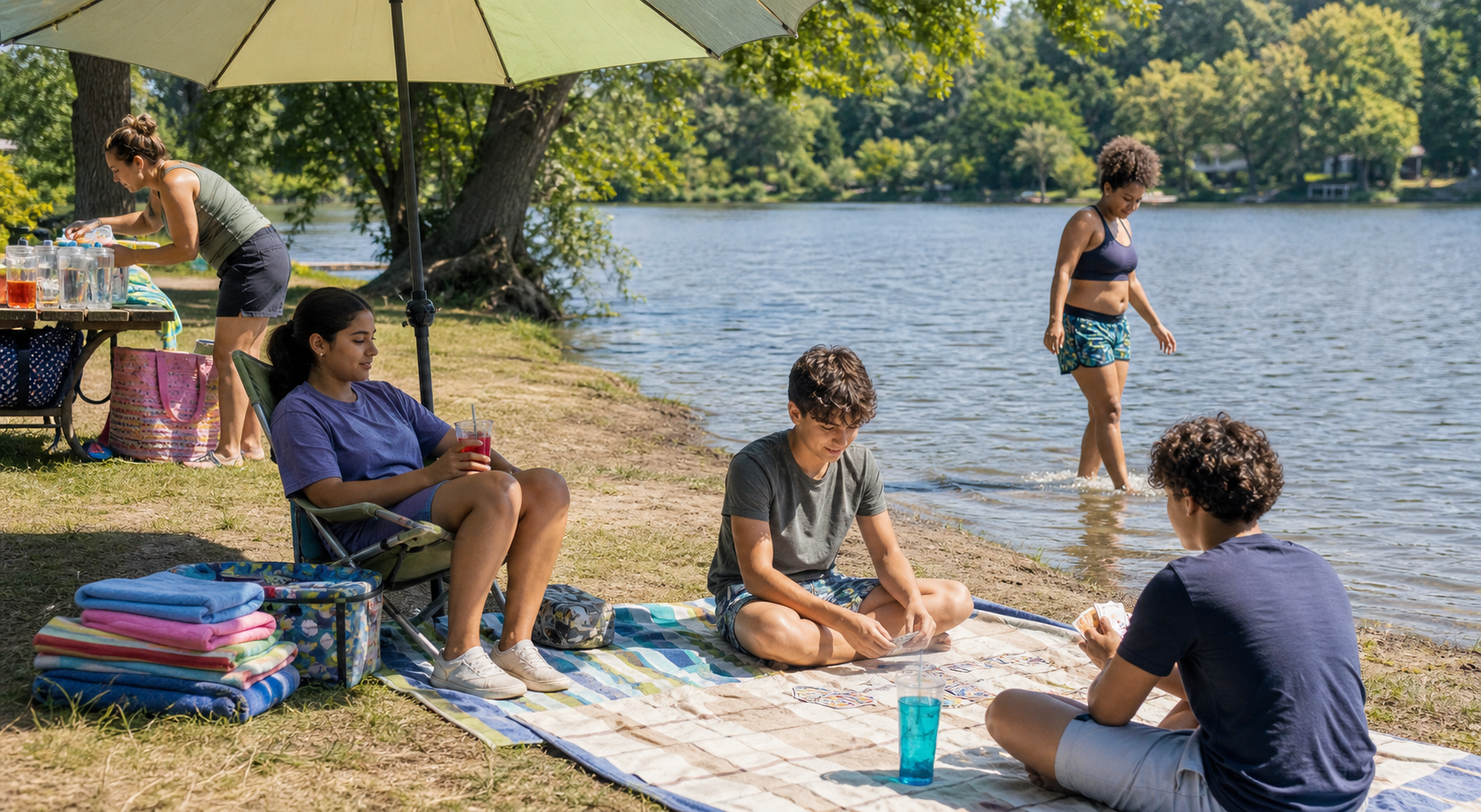 Teenagers relax, play cards, and wade at a lakeside picnic while wearing different levels of summer coverage.