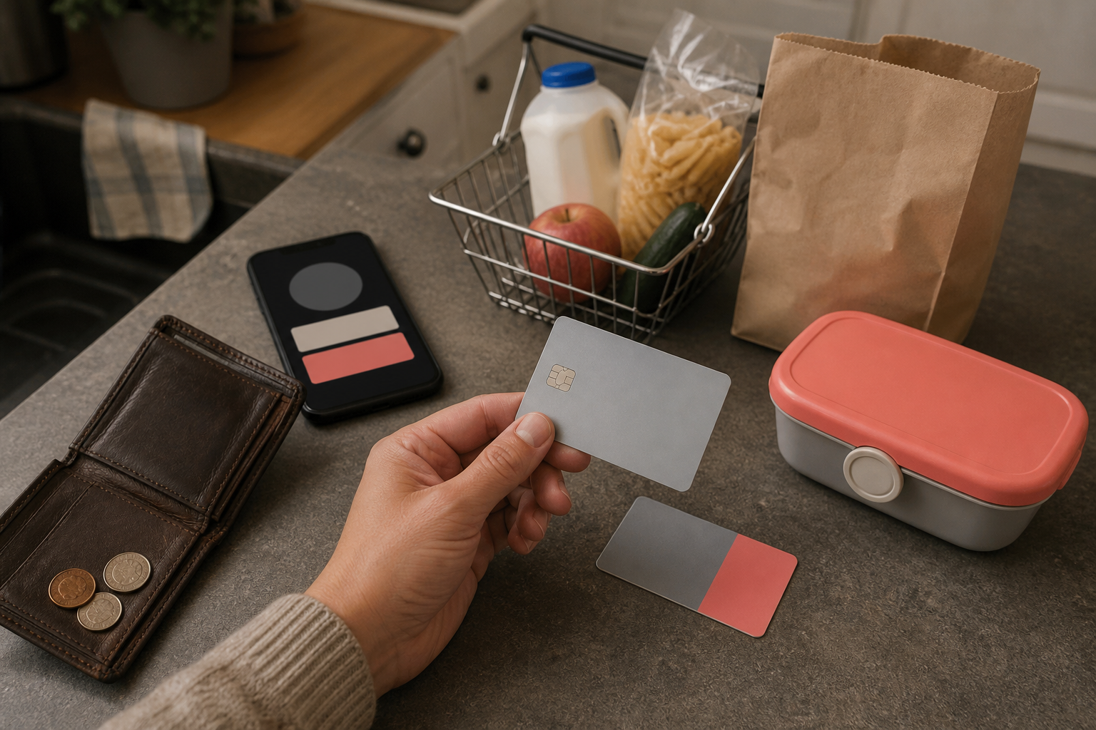 A hand holds a plain credit card above groceries and family essentials beside a nearly empty wallet and a smartphone.