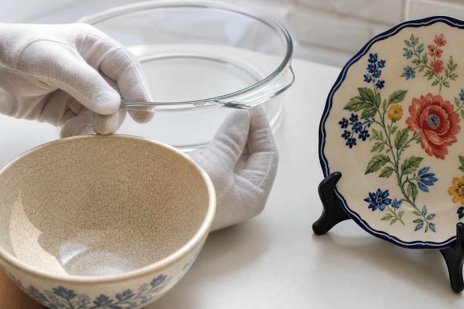 A gloved hand inspects crazing and a rim chip on vintage kitchenware while a decorated plate is kept separate for display.