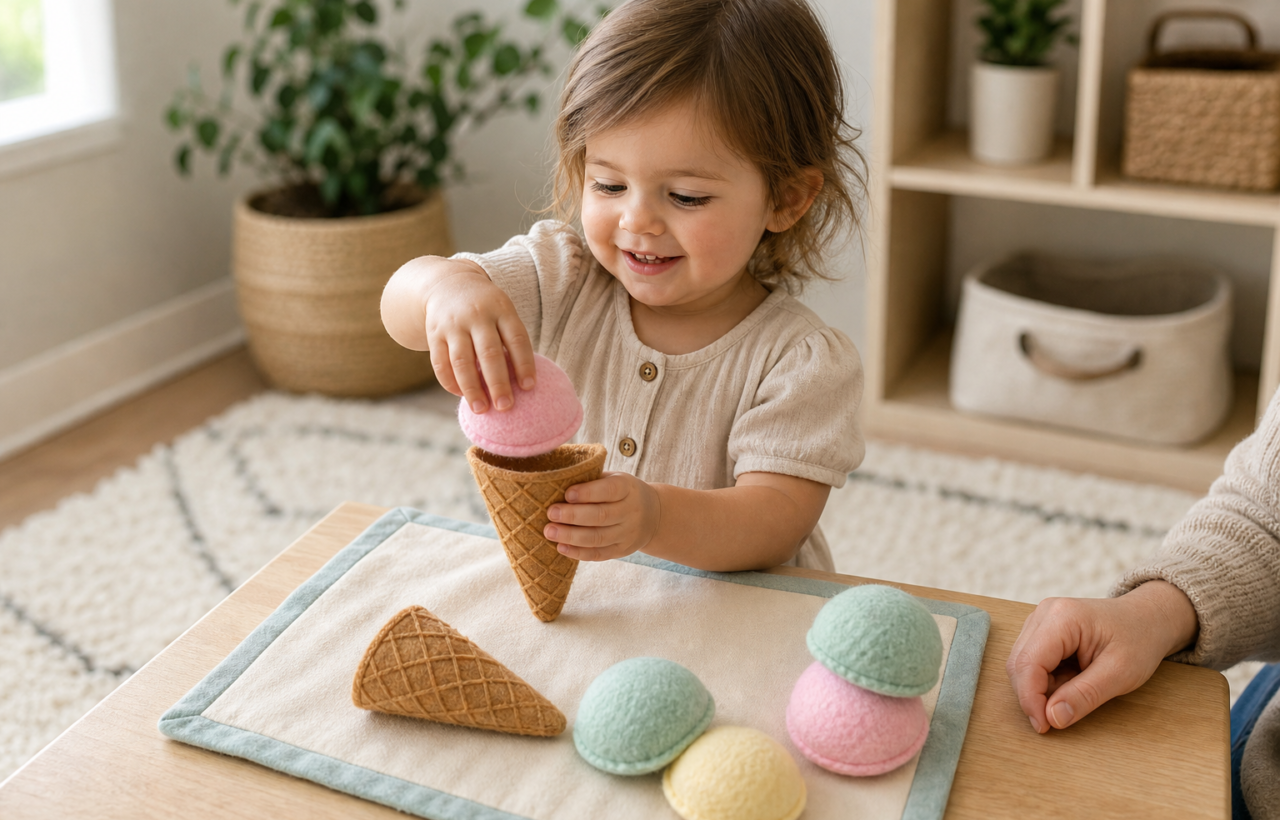 Toddler stacks large pastel felt ice cream scoops on a felt cone at a low table beside an open storage pouch.