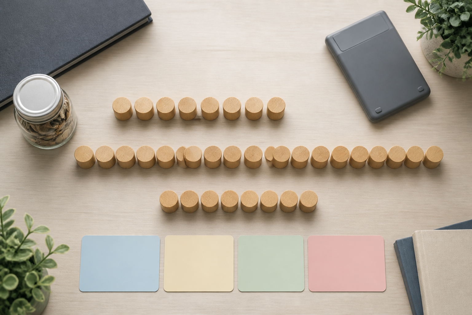 Two rows of wooden tokens show a visible shortfall between dependable income and expected expenses on a desk.