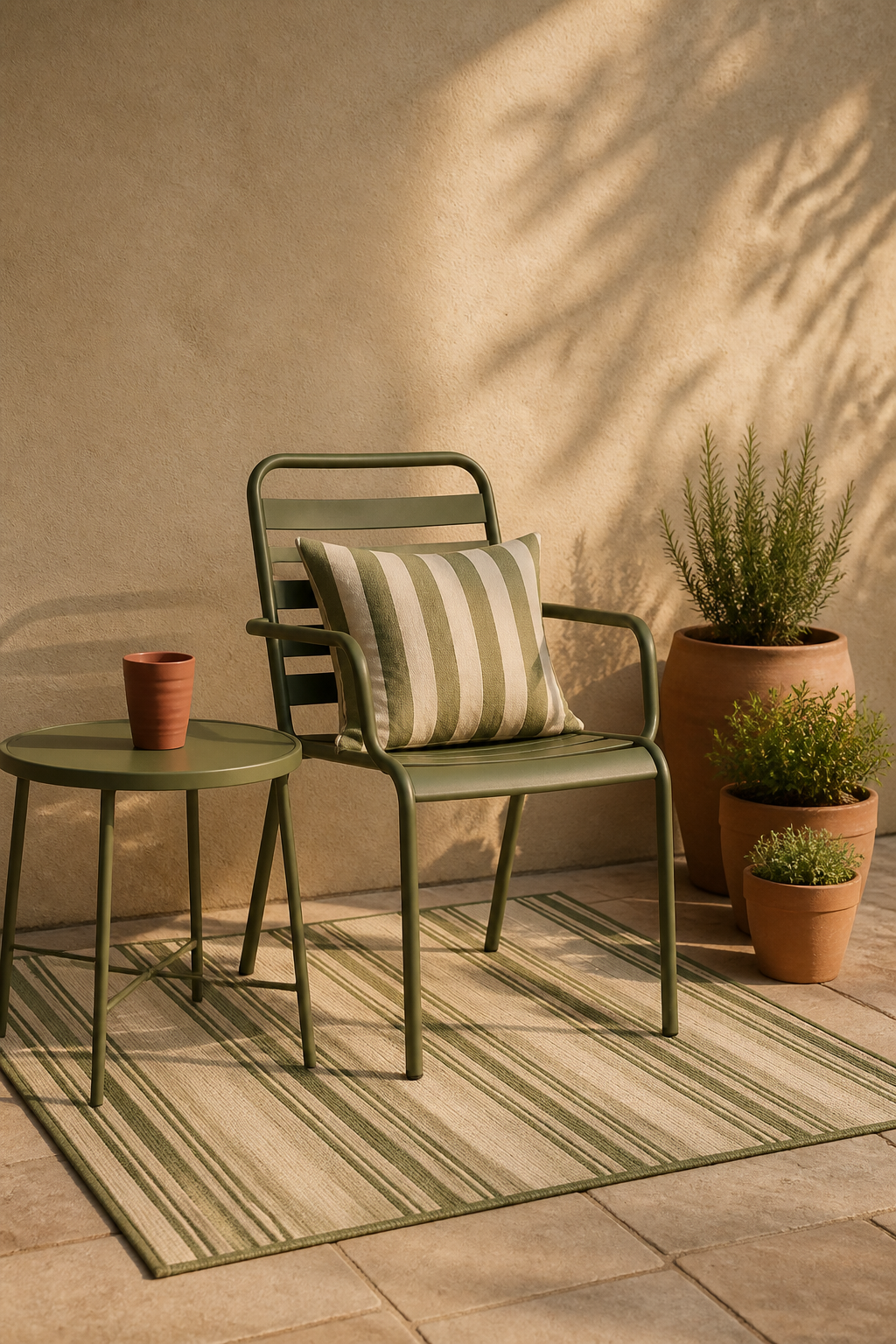A coordinated patio corner with a metal chair, washable cushion, round table, outdoor rug, and grouped planters in a limited color palette.