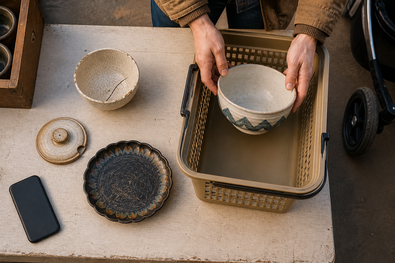 A shopper places one complete vintage bowl in a basket while leaving cracked, mismatched, and heavily worn pieces behind.