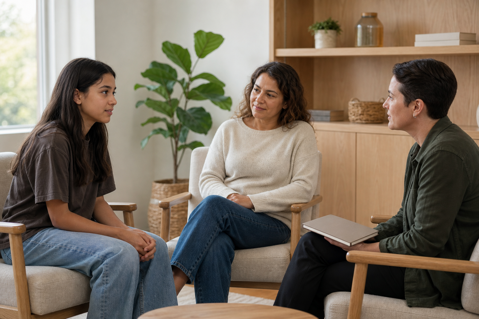 A teenager and parent speak with a health professional in a calm, private consultation room.