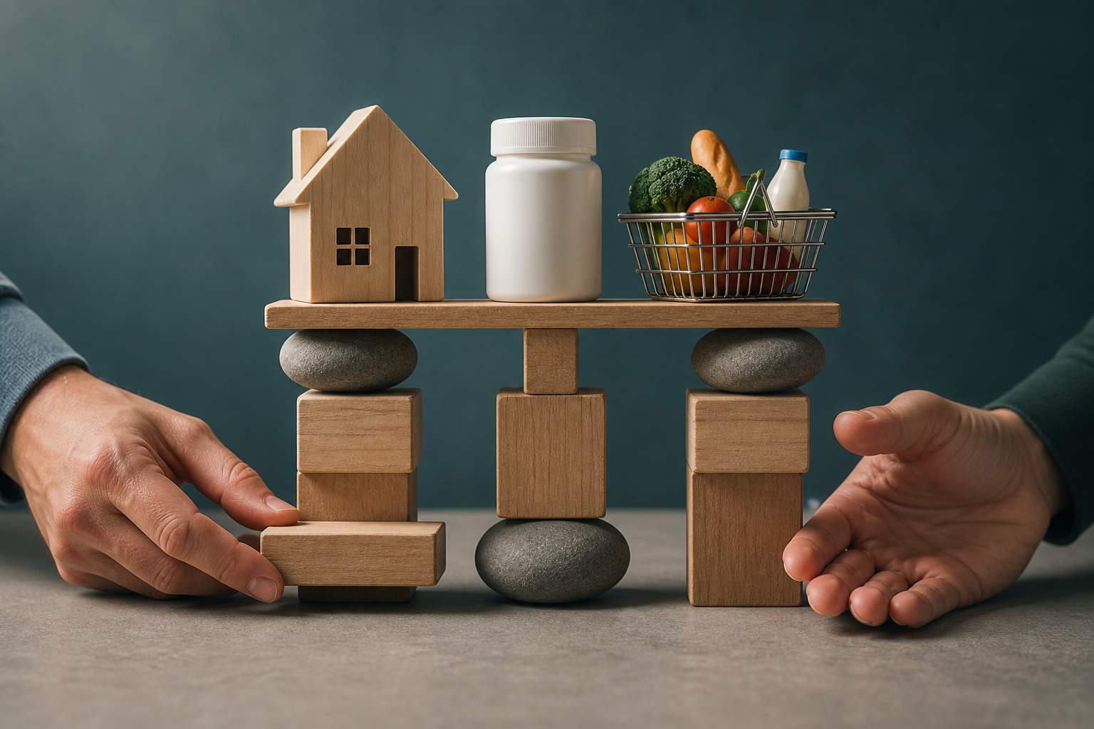 Hands test the stability of a balanced structure supporting small models of a home, medicine container, and grocery basket.