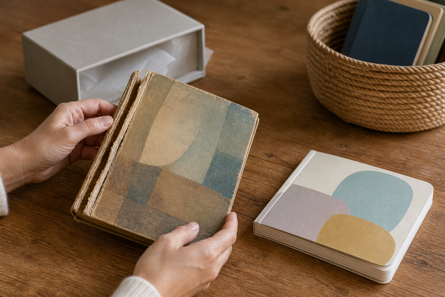 An adult examines a worn childhood picture book beside a sturdy board book and a storage box.