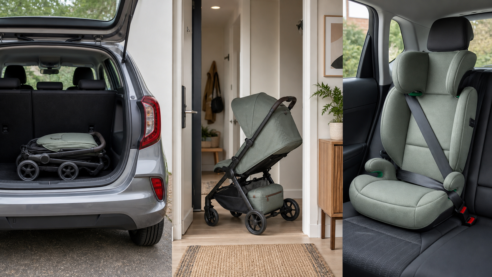 Three family gear scenarios show a folded stroller in a small car, a stroller beside a narrow doorway, and an empty booster installed on a vehicle seat.