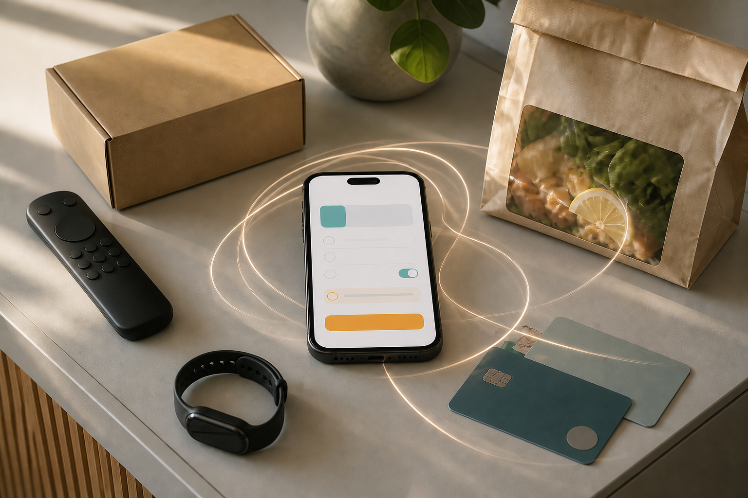 A smartphone, payment cards, remote, delivery box, fitness band, and meal-kit bag form a still life of recurring household spending.