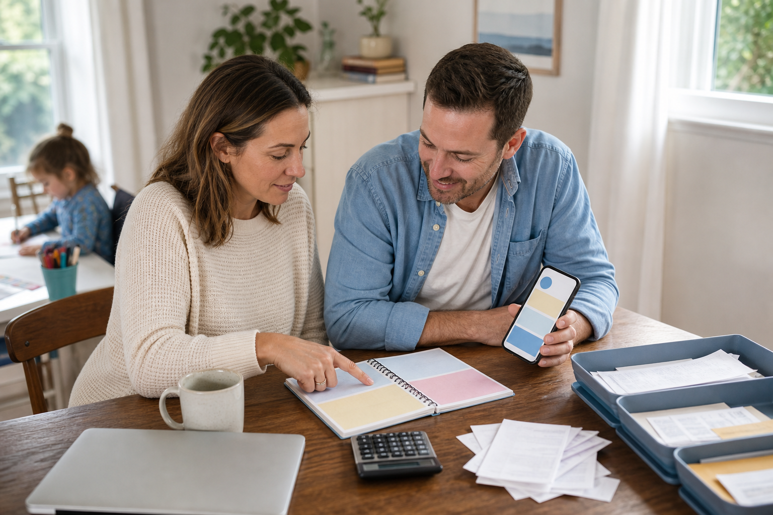 Two adults calmly review a notebook, phone, calculator, and receipts at a dining table while a child draws in the background.