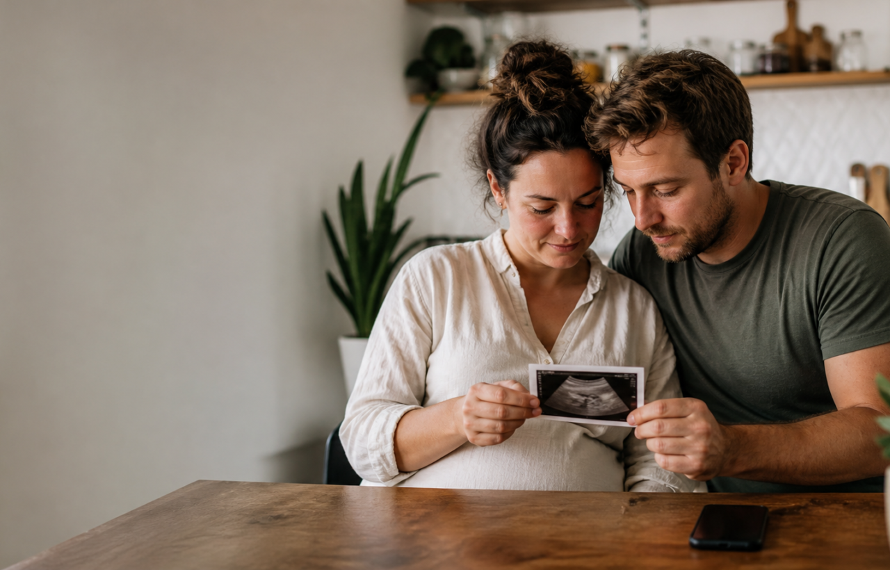 A pregnant adult and their partner hold an ultrasound print at a kitchen table while a smartphone lies face down beside them.