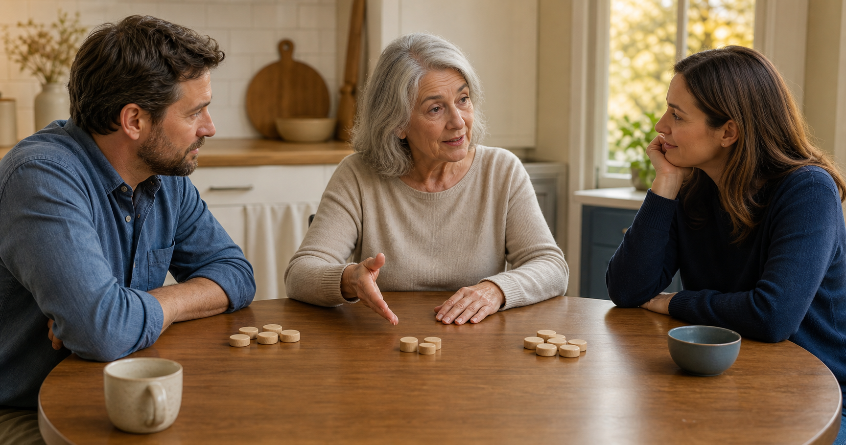 An older mother leads a retirement discussion with her adult children around a table with separate groups of wooden tokens.