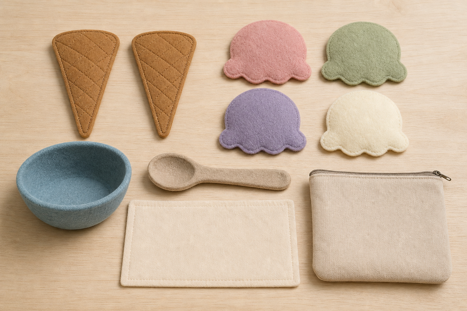 Overhead view of oversized felt cones, scoops, a bowl, serving spoon, mat, and storage pouch arranged on a table.