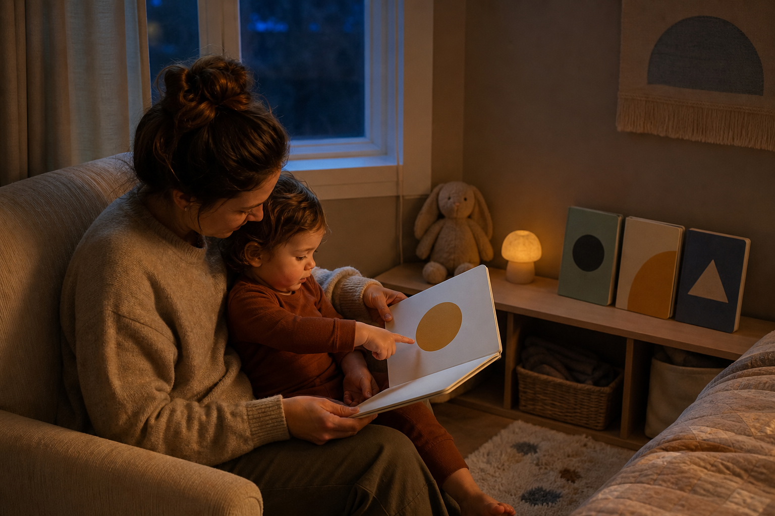 A parent and toddler share a picture book in a softly lit reading corner at bedtime.