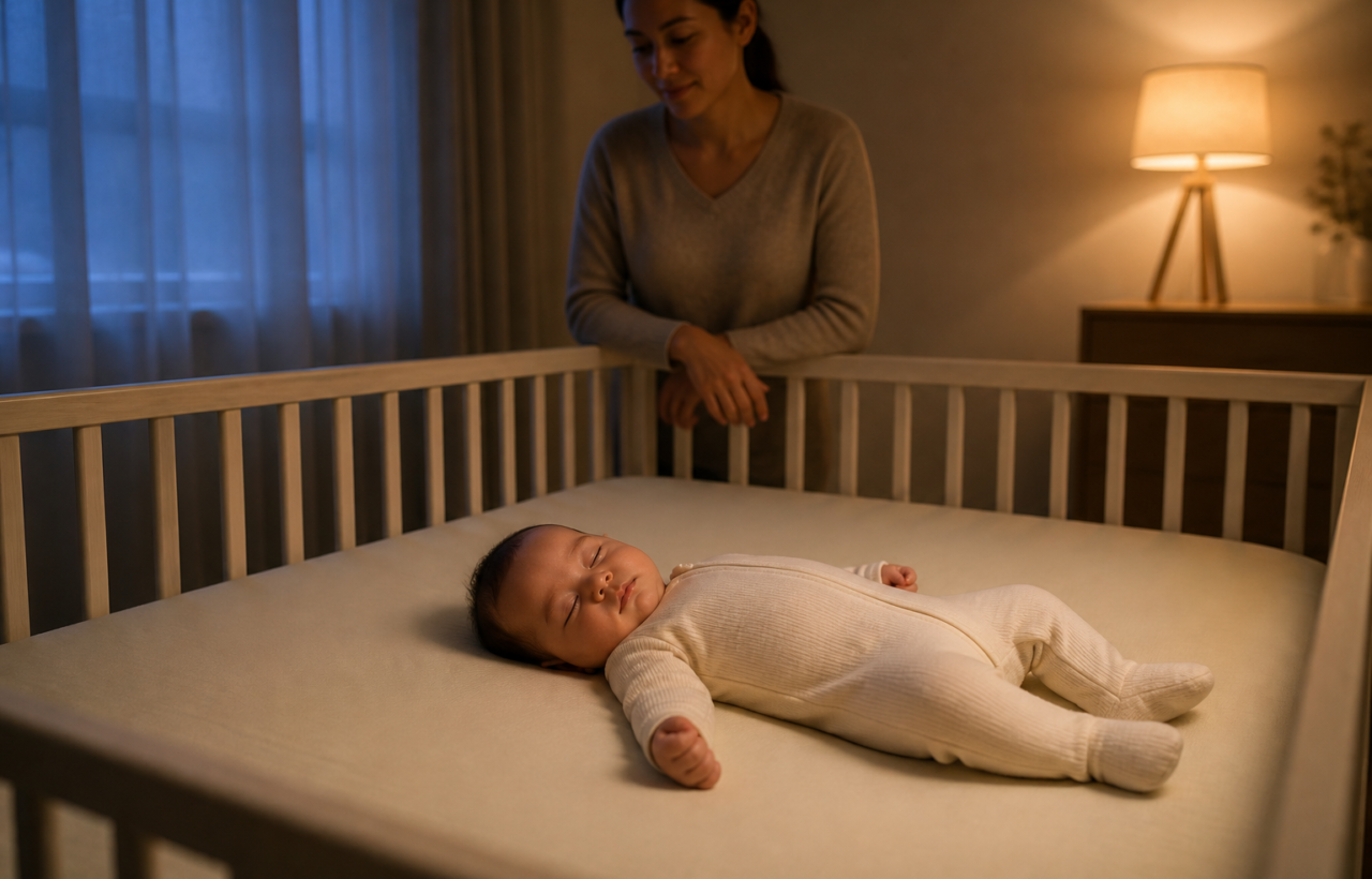 A baby sleeps on their back in an empty crib while a parent watches nearby in a softly lit nursery.