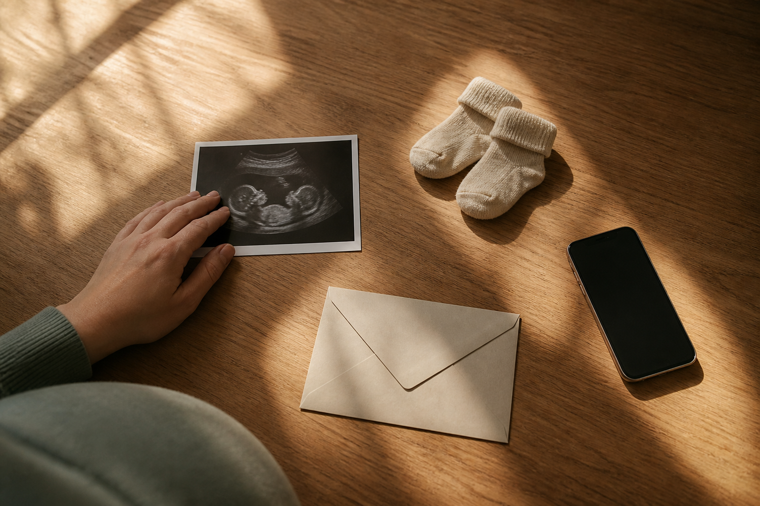 An ultrasound print, baby socks, a closed envelope, and a smartphone are arranged separately on a wooden table beside a protective hand.