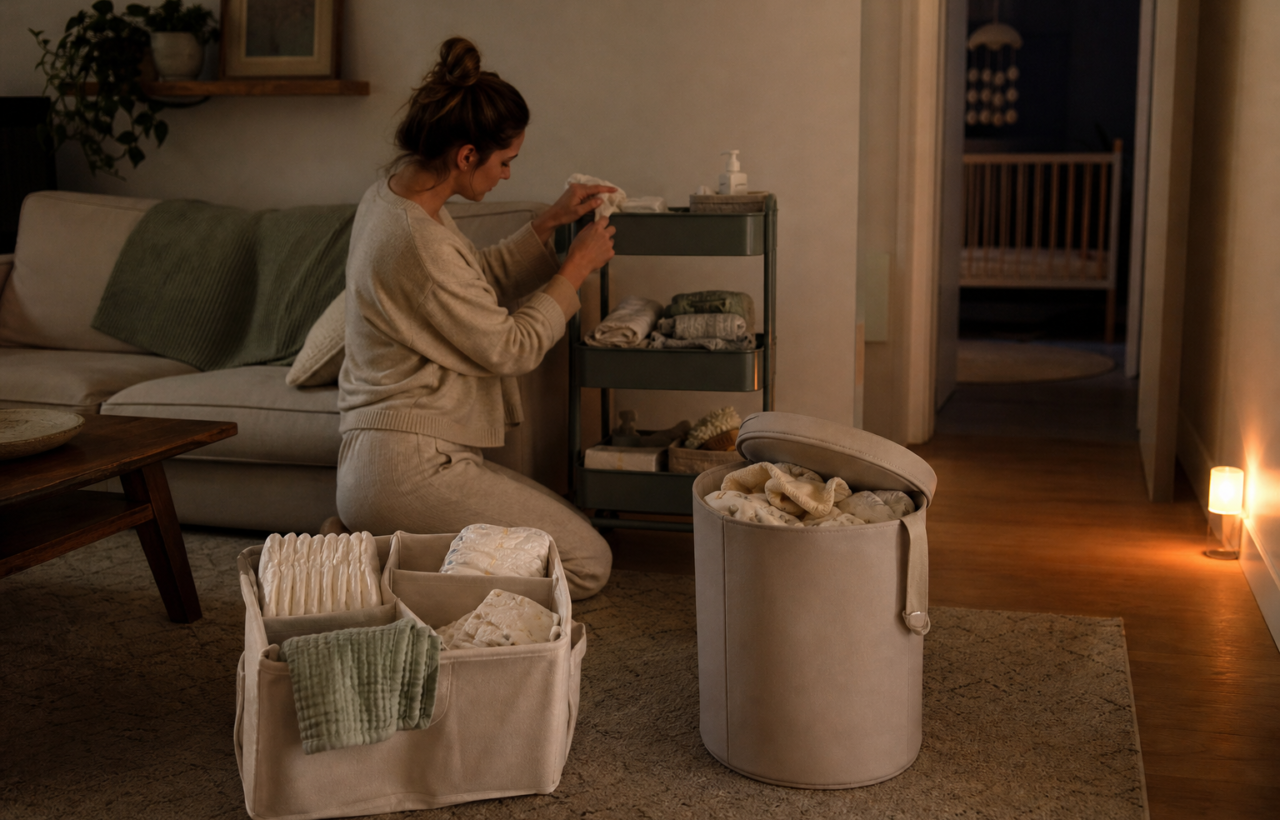 A parent tidies a calm apartment with a fabric baby-supply caddy, lidded laundry hamper, rolling cart, and low amber hallway light.