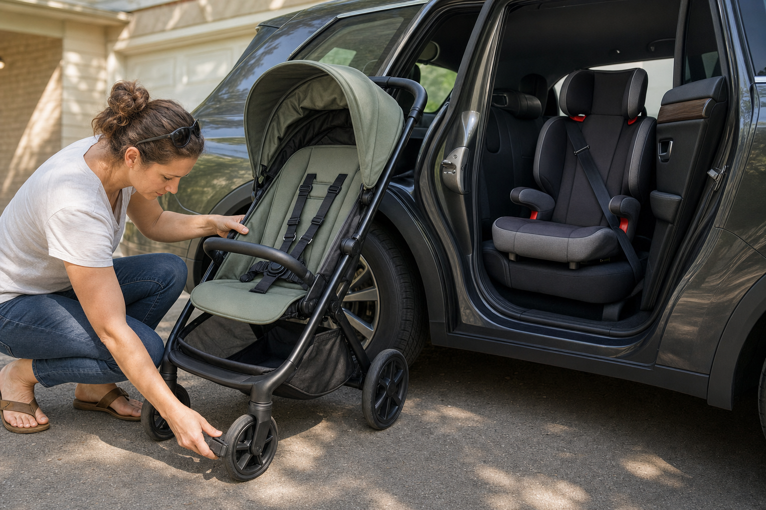 A caregiver checks a stroller wheel and brake beside a car containing an installed high-back booster seat.