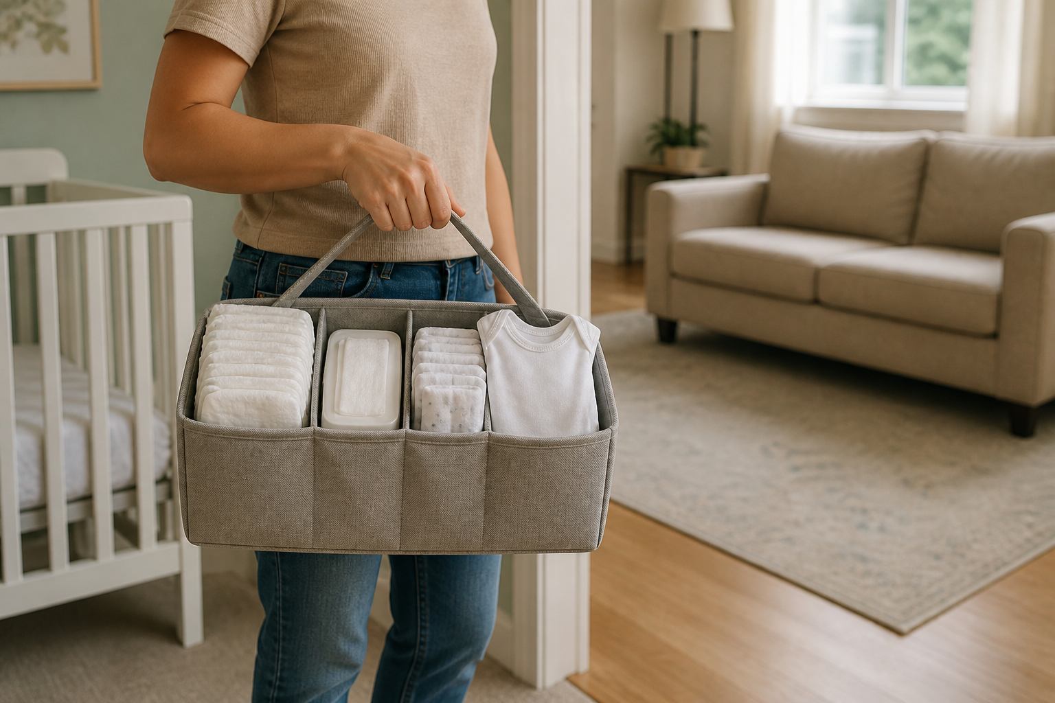 A parent carries a divided fabric caddy filled with diapers, wipes, burp cloths, and a clean onesie between rooms.