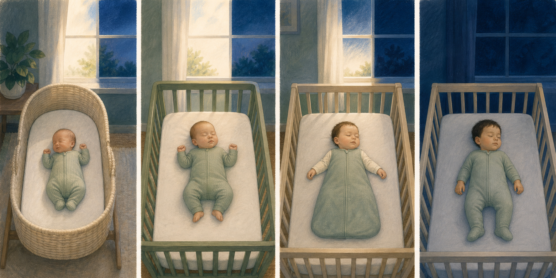 Four illustrated sleep scenes show babies at progressively older stages resting on their backs in clear bassinets or cribs.