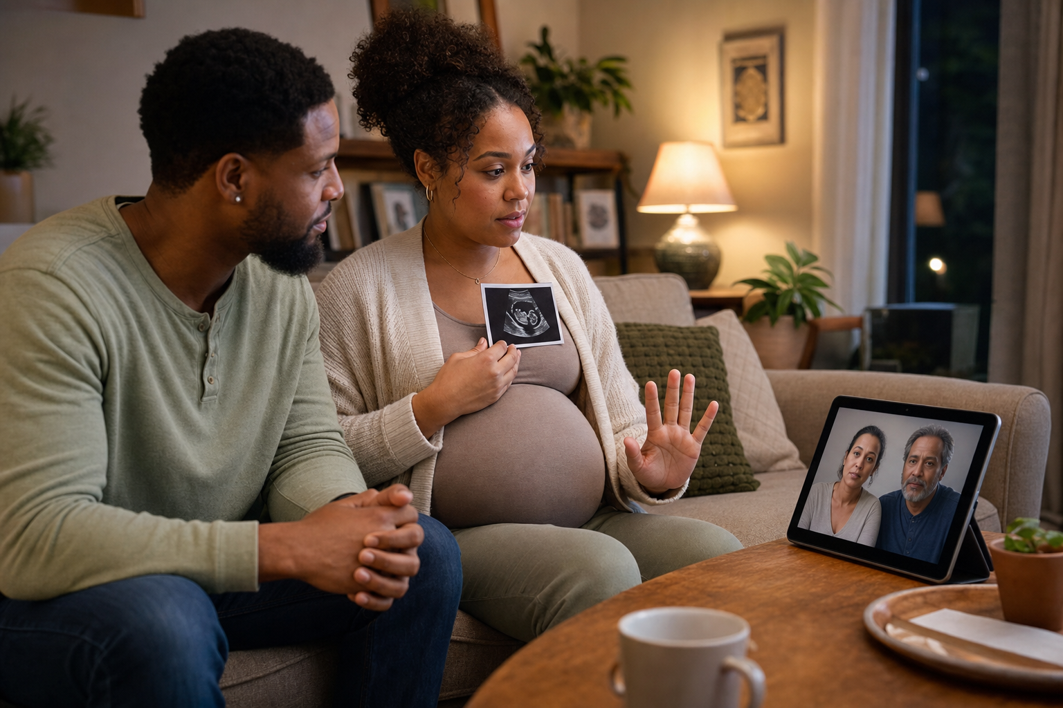A pregnant adult makes a calm hand gesture while speaking with relatives on a tablet video call and holding an ultrasound print.