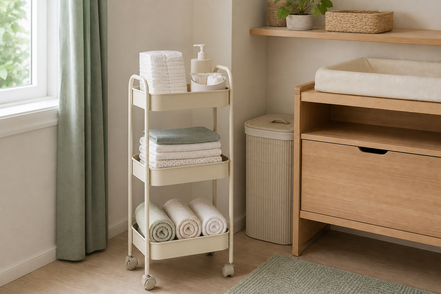 A narrow three-tier cart organizes diapering supplies, feeding cloths, and spare linens beside a compact lidded hamper.