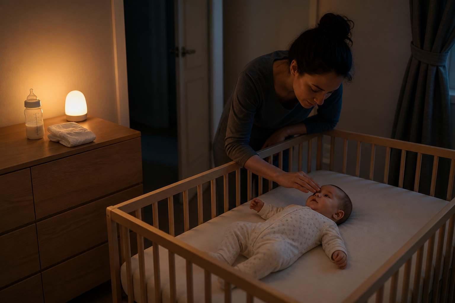 A caregiver checks an awake baby in an empty crib, with feeding and diaper supplies on a nearby dresser.