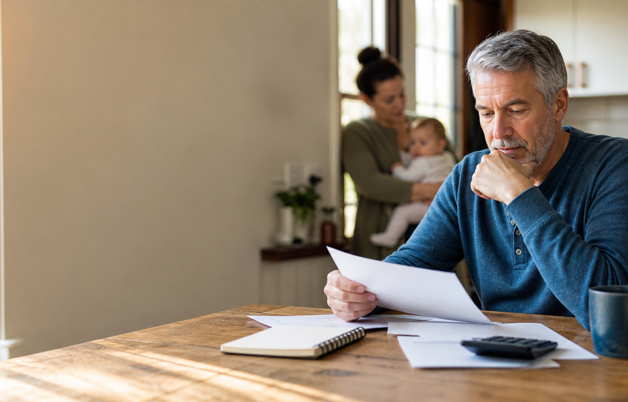 A 62-year-old adult reviews household finances at a kitchen table while an adult child holds a baby in the background.