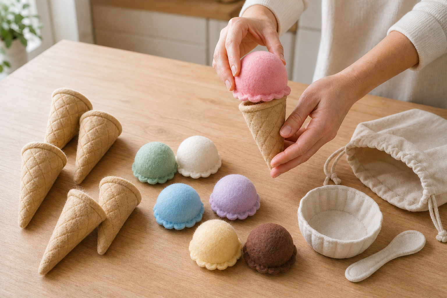 Adult hands place a large felt scoop on a felt cone while the remaining pretend-play pieces are organized nearby.