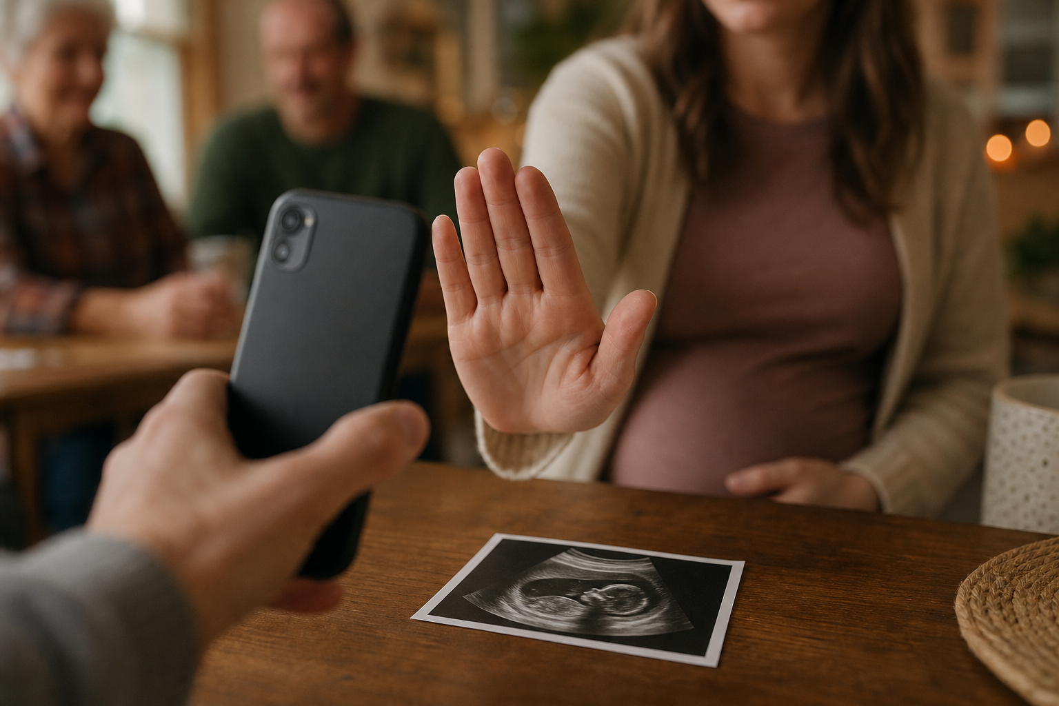 An expectant parent places a hand between a relative's smartphone and an ultrasound print to prevent a photograph.