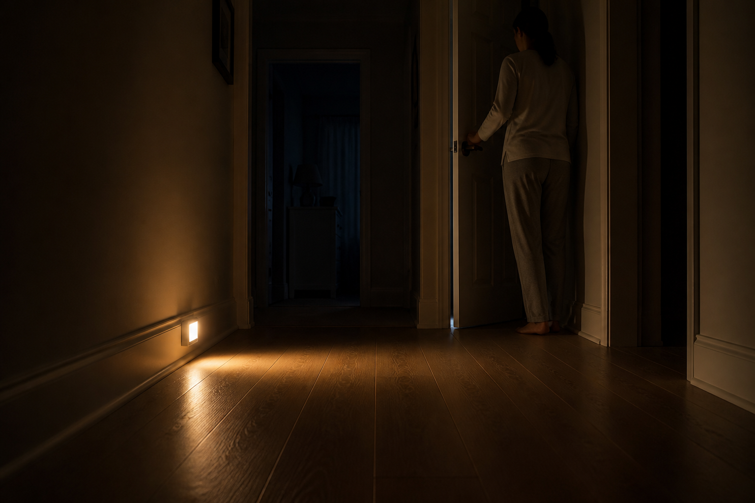 A low amber nightlight illuminates the floor as a parent quietly closes a nursery door at night.