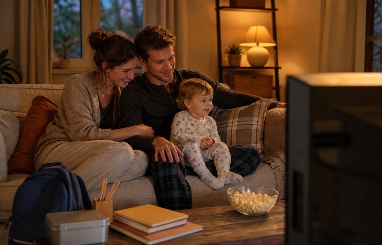 Two parents and a young child sit together in a warmly lit living room decorated with a backpack, pencils, notebooks, and a lunchbox for movie night.