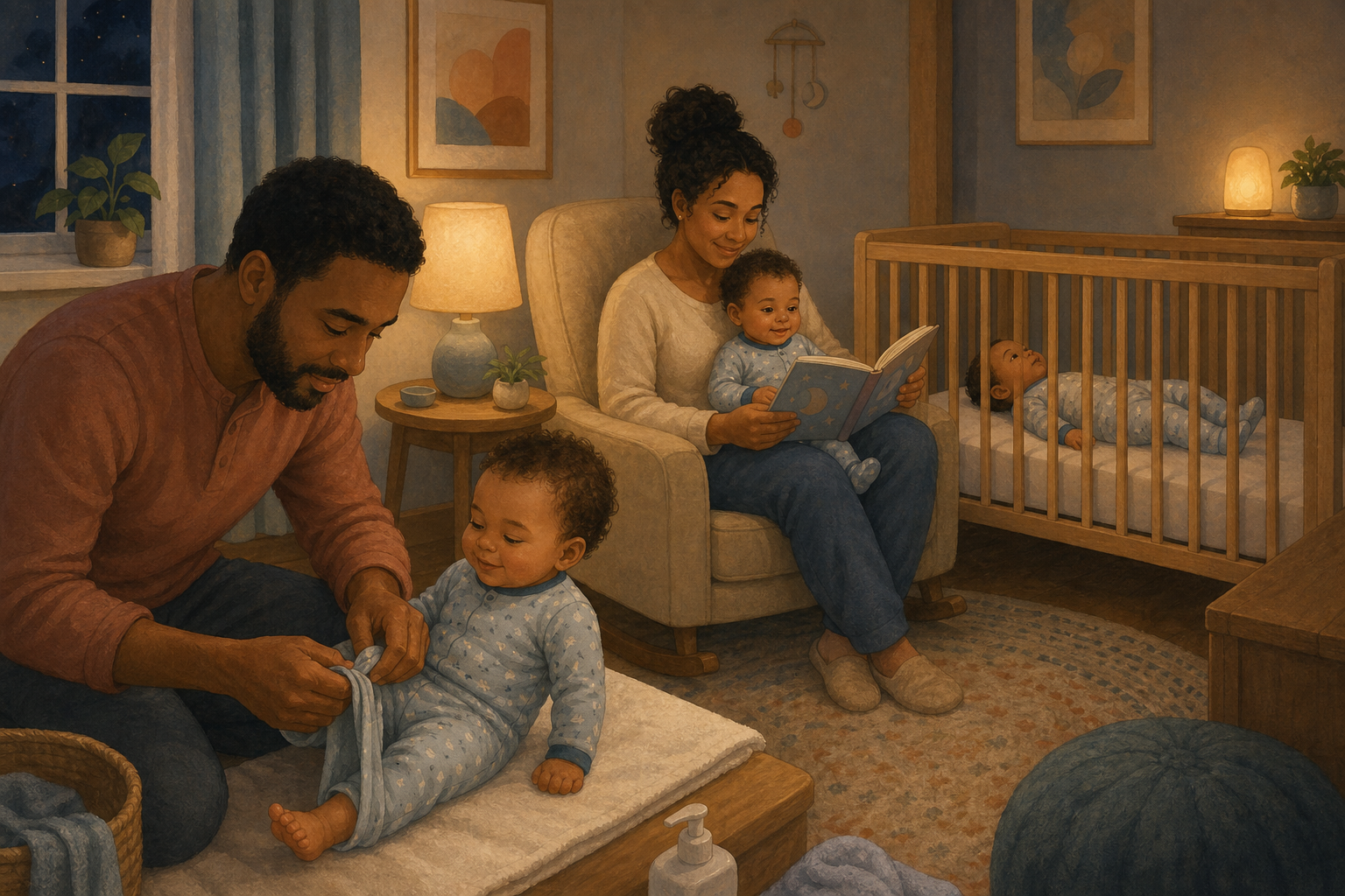 An illustrated nursery scene shows a caregiver dressing a baby, sharing a quiet book, and placing the baby on their back in an empty crib.