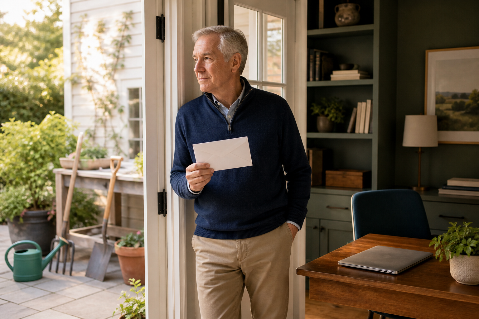 An older adult stands between a home office and a garden while holding a plain envelope.