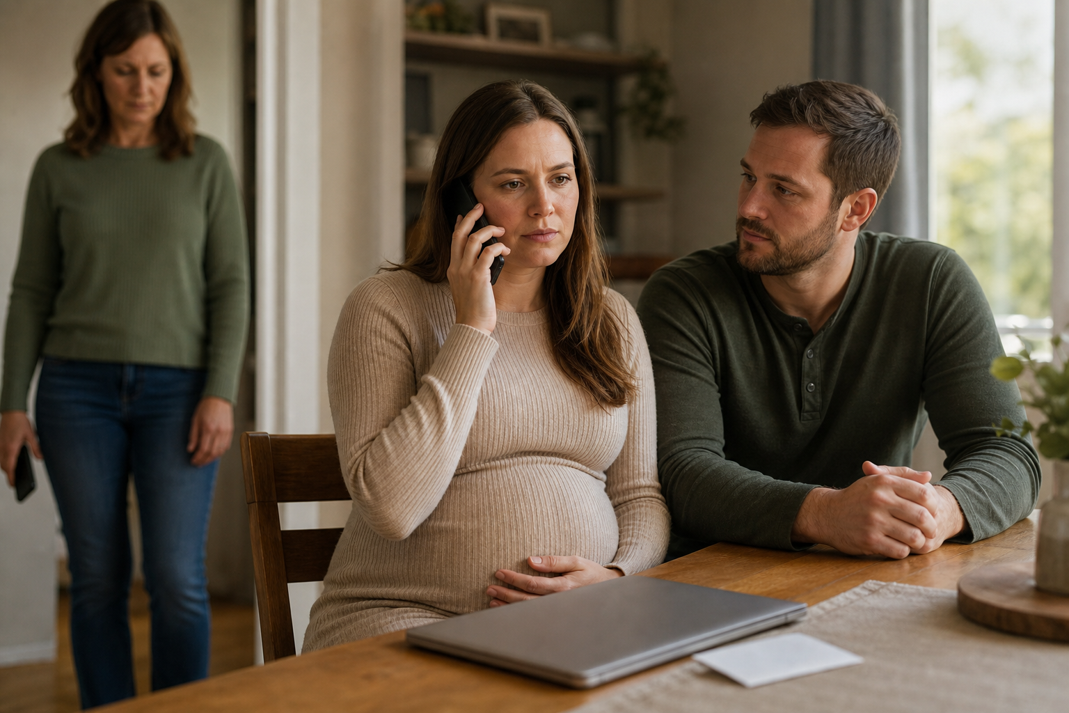 An expectant parent makes a serious phone call at a table while their partner sits nearby and an ultrasound print lies face down.