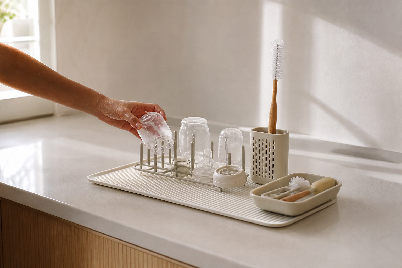 A parent places a clean feeding item on a compact drying rack beside a brush holder and washable counter mat.