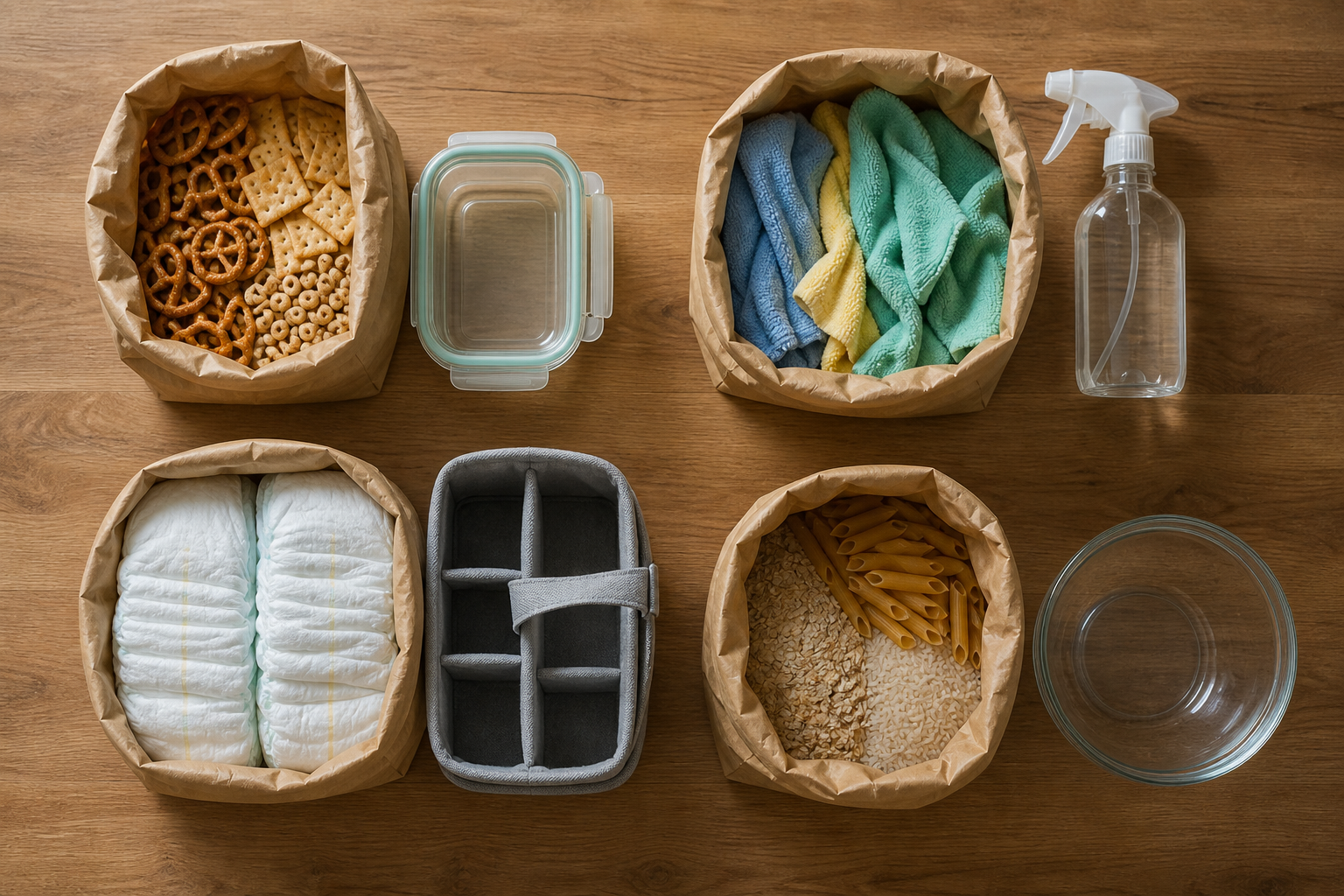 Four unbranded bulk products are paired with separate household uses on a kitchen table, including snacks, cleaning, diapering, and meal preparation.