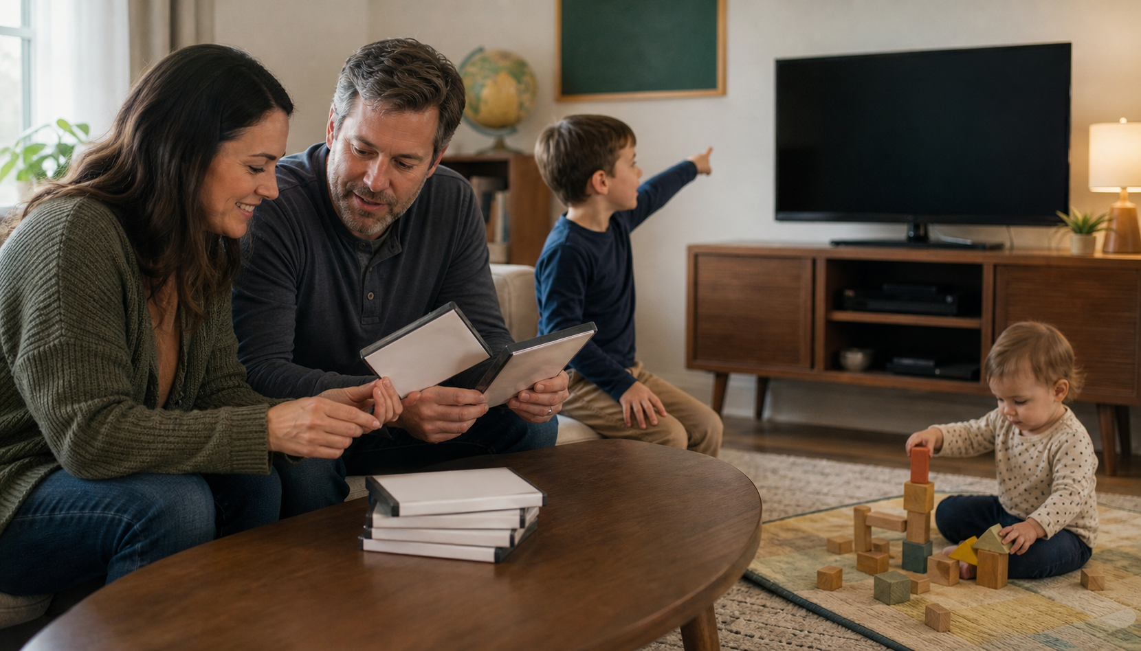 Two adults and an older child look through blank movie cases while a toddler plays with wooden blocks nearby.