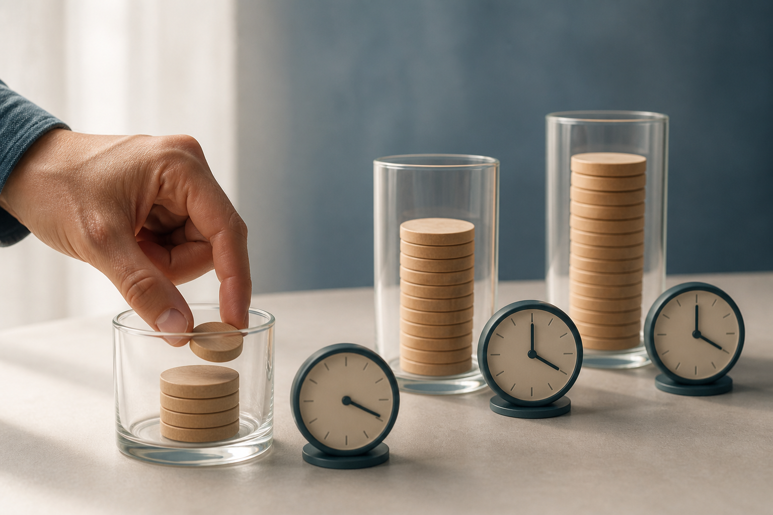 A hand reaches toward three glass vessels holding increasingly tall stacks of wooden tokens beside simple clocks.
