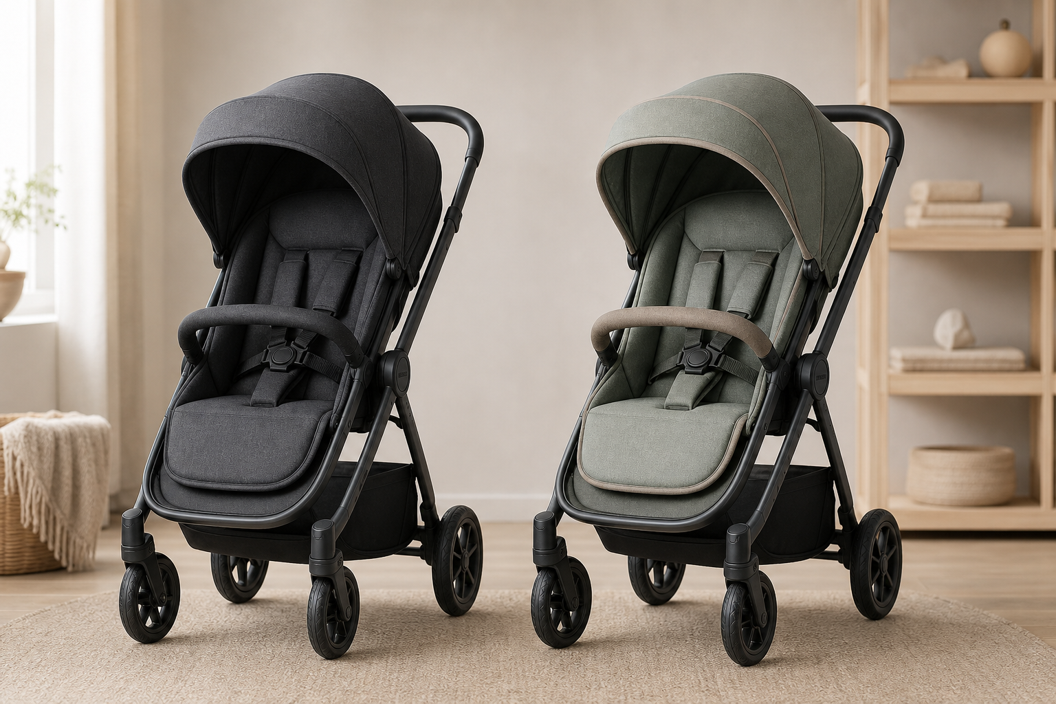 Two matching stroller seats in charcoal grey and muted eucalyptus green are displayed side by side.