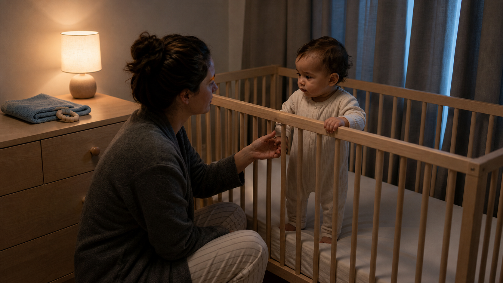 A parent calmly reassures an older baby who is standing awake in an otherwise empty crib at night.