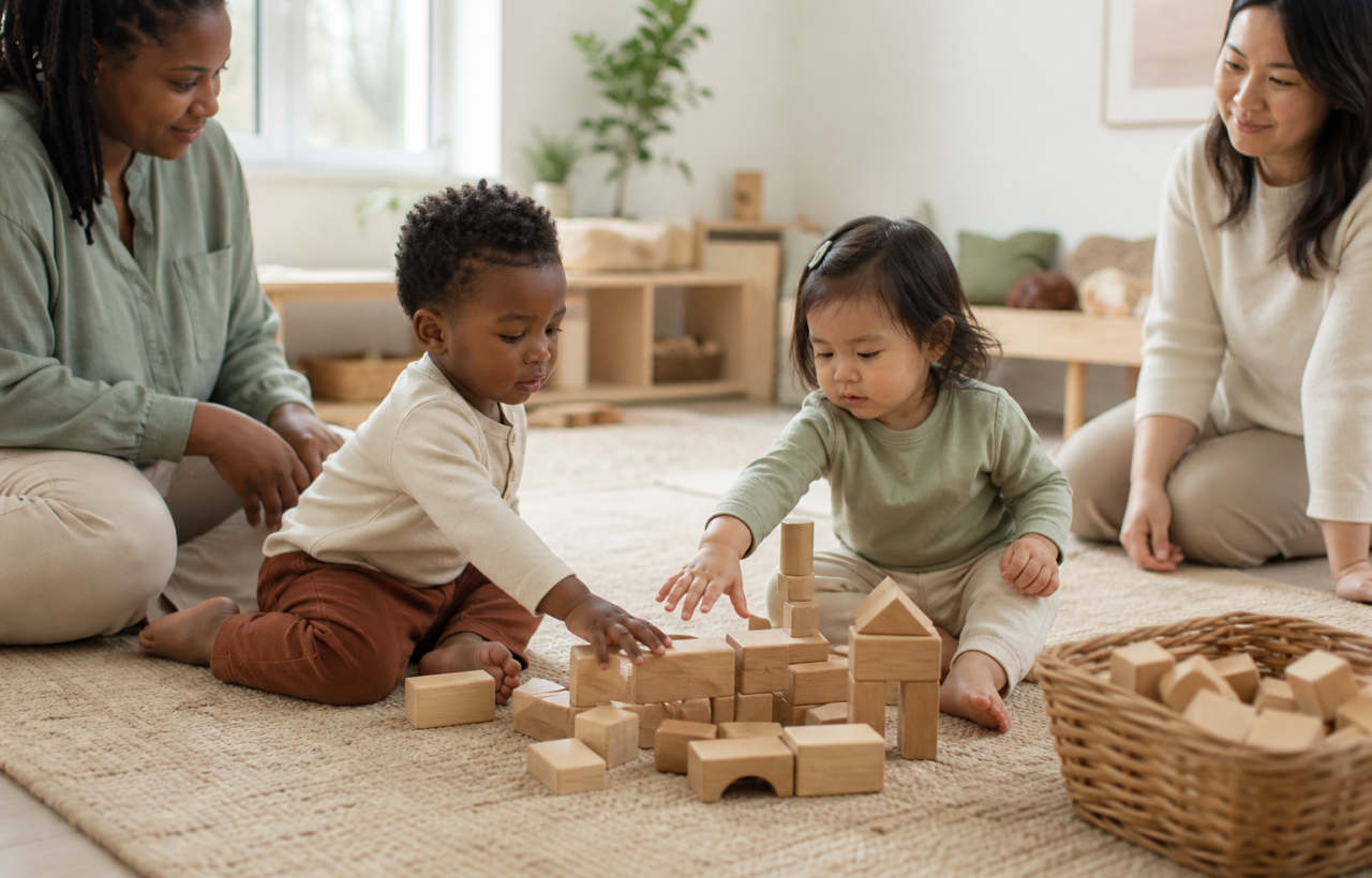 Two toddlers play with wooden blocks in a bright playroom while two caregivers watch calmly nearby.