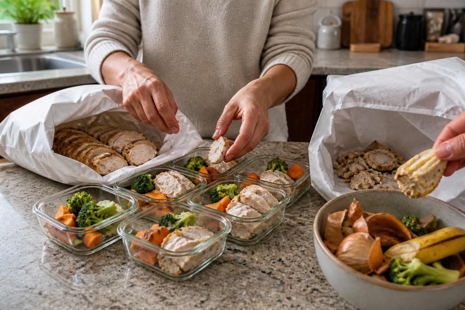 A parent portions food from an unbranded bulk package into reusable containers while unusable pieces sit beside a compost bowl.