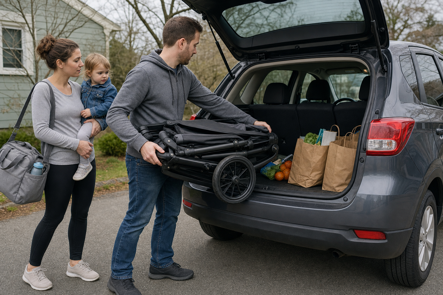 Two caregivers check whether a folded jogging stroller fits in a compact car trunk alongside everyday family cargo.