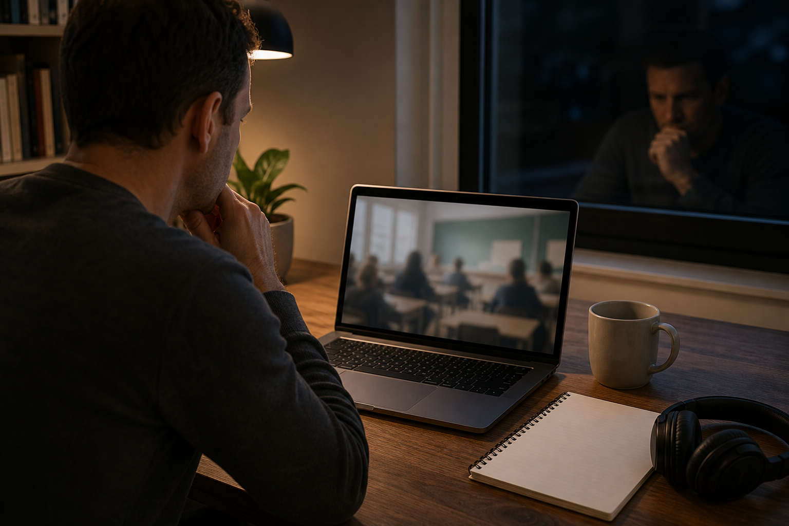 A parent previews an indistinct classroom scene on a laptop beside a blank notepad and headphones.