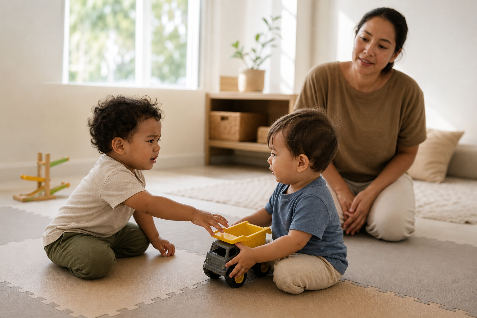 Two toddlers reach for the same toy truck while a nearby caregiver watches their disagreement calmly.