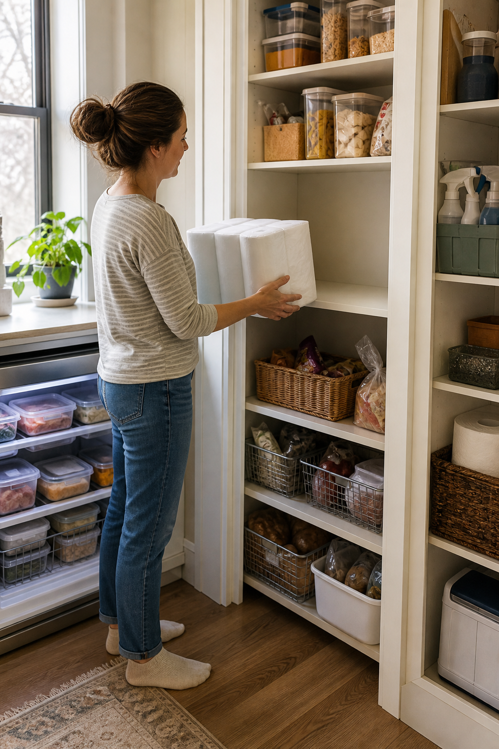 A parent checks whether an unbranded multipack fits on an open pantry shelf beside an organized freezer and supply cabinet.