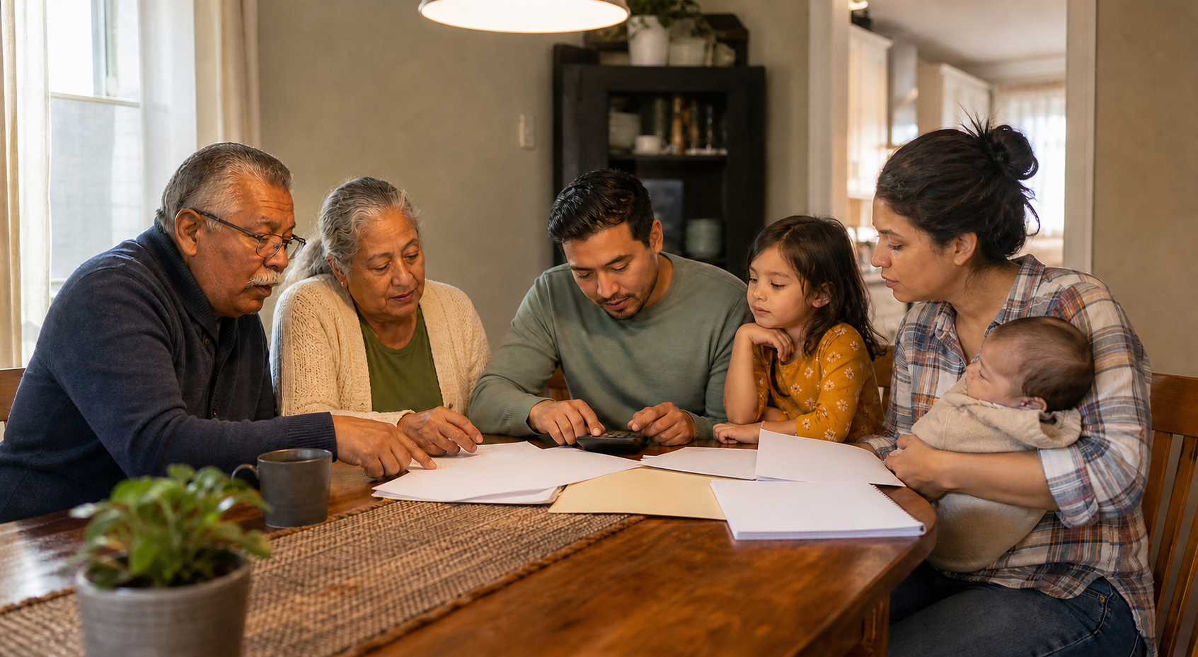 A multigenerational family with a young child and an infant discusses household finances around a dining table.