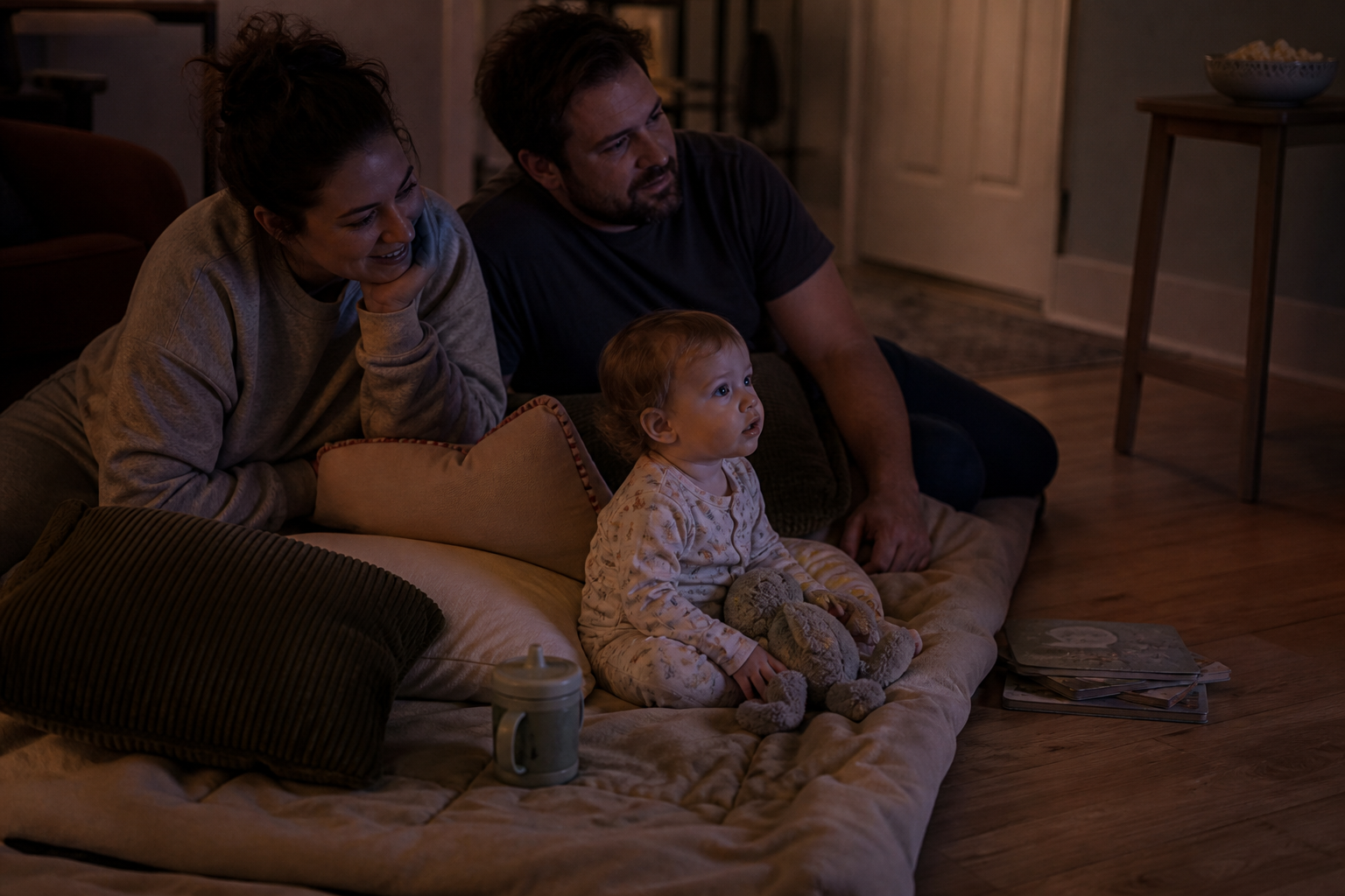 A toddler sits with two adults in a cushioned floor nest with a plush toy, board books, and a cup during a softly lit movie night.