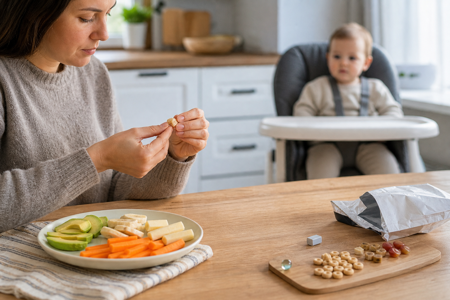 A parent examines the size and texture of a food item while a toddler waits safely in a high chair and potential hazards remain out of reach.